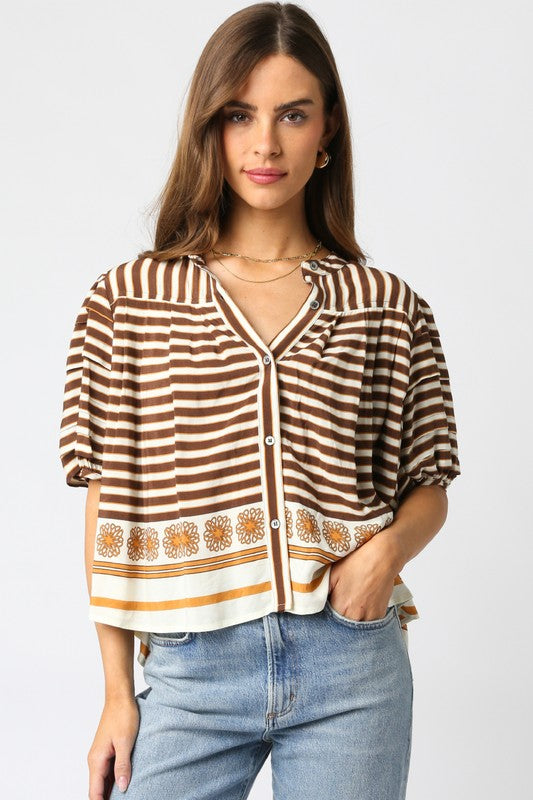 Cream Brown Striped/Printed SS Button Down Top