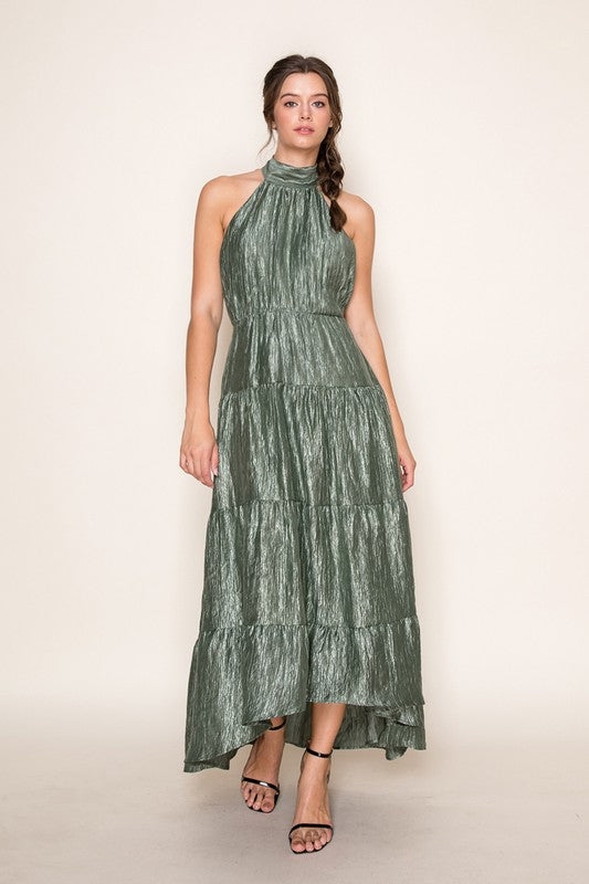 Olive Halter Tiered Maxi Dress