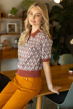 Load image into Gallery viewer, Brown Pearl Button Abstract Ribbed Knit Top