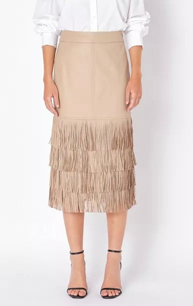 Tan PU Fringe Midi Skirt