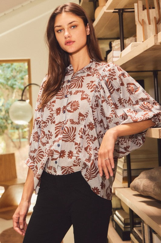 Blue/Maroon Printed Ruffled Blouse
