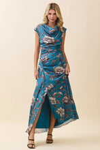 Load image into Gallery viewer, Blue Printed Satin Draped Cowl Neck Ruched Dress