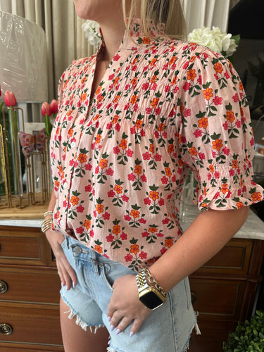 Pink Puff Slv Floral Top w/ Frnt Buttons
