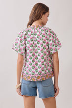 Load image into Gallery viewer, Pink Floral Print Bubble Slv Split Neck Top