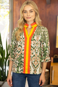 Lt. Olive Printed Stripe Placket V-Neck Top