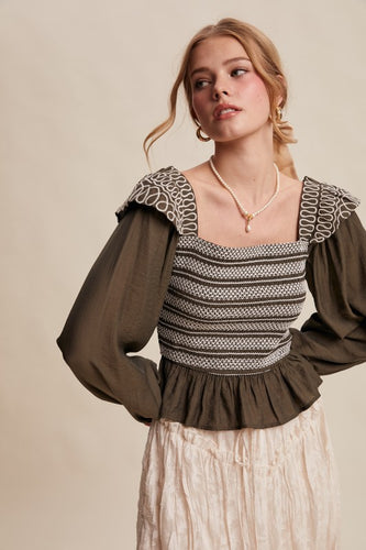 Olive Contrast Stitch Smocked LS Top