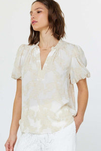 Natural Floral Print Ruffled Collar Blouse
