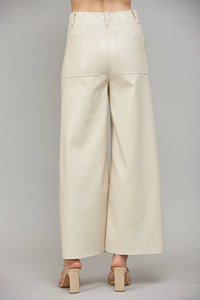 Ecru Tuck Detail Leather Flare Pants