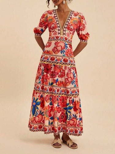 Red Resort Tropical Print V-Neck Puff Slv Maxi Dress