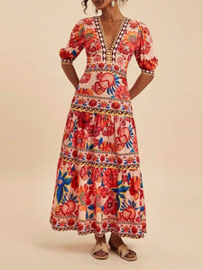 Red Resort Tropical Print V-Neck Puff Slv Maxi Dress