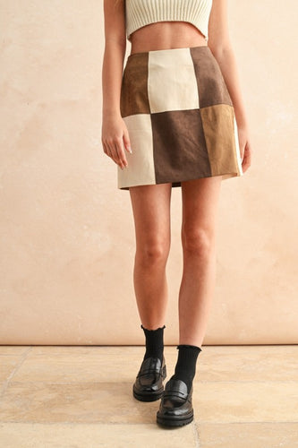 Brown Combo Patch Work Suede Skirt