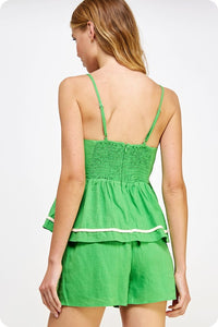 Vibrant Green Braid Trim Slvls Linen Top