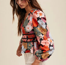 Load image into Gallery viewer, Black Floral V-Neck Contrast Blouse