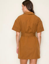 Load image into Gallery viewer, Camel Trench Coat Inspired Belted Waist Dress