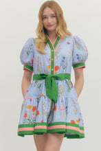 Load image into Gallery viewer, Blue Multi Floral Puff Slv Waist Belt Dress
