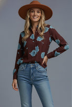 Load image into Gallery viewer, Brown Blue Rose Button Down LS Blouse