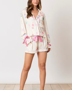 Champagne Glass/Ring Printed PJ Set w/ Ribbon Detail