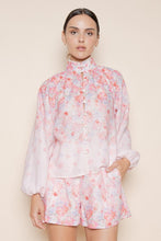 Load image into Gallery viewer, Pink Floral High Collar LS Button Blouse