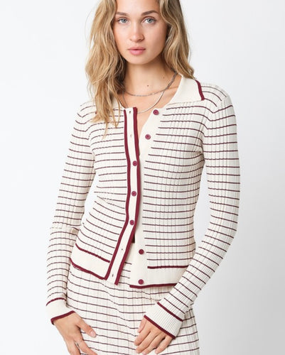 Cream/Maroon Striped Button Sweater Top