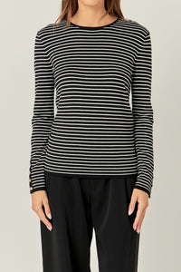 Black/White Striped Knit Sweater w/ Gold Buttons