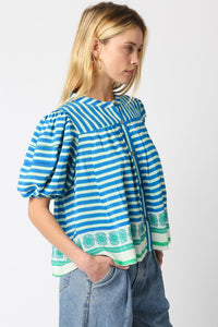 Cream Blue Button Down Pattern/Striped Top