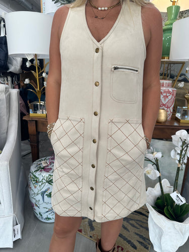 Ecru Top Stitch V-Neck Suede Dress