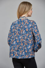 Load image into Gallery viewer, Teal Blue Multi Print Ruffled Neck Button Down Blouse