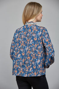 Teal Blue Multi Print Ruffled Neck Button Down Blouse