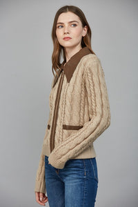Taupe Contrast Leather Trim Frnt Zip Sweater
