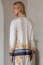 Load image into Gallery viewer, Ivory/Navy Printed LS Satin Button Down Blouse