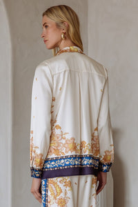 Ivory/Navy Printed LS Satin Button Down Blouse