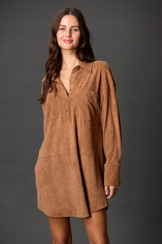 Long Sleeve Tan Suede Dress