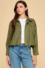 Load image into Gallery viewer, Olive Suede Zip Up Bomber Jacket