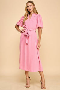 Pink V-Neck Tie Frnt Side Slit Midi Dress