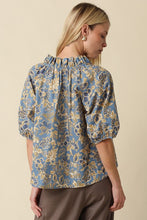 Load image into Gallery viewer, Blue/Gold Floral Puff Slv Blouse