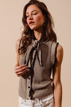 Load image into Gallery viewer, Taupe/Black Tie Neck Sweater Vest Top