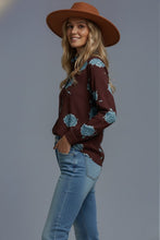 Load image into Gallery viewer, Brown Blue Rose Button Down LS Blouse