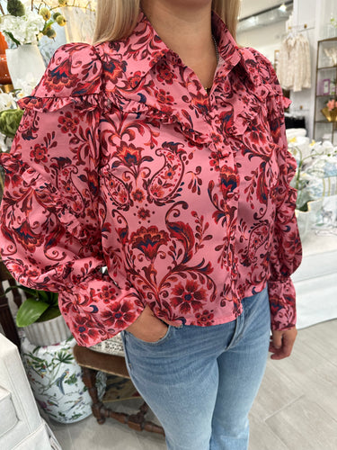 Salmon Red Printed Satin Ruffle Detailed Button Down Top