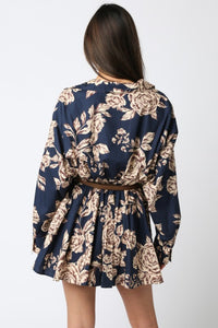 Blue/Cream LS Printed Dress w/ Belt