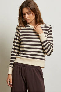 Perfect White Tee Mocha Stripe Rib LS Crew Neck Top