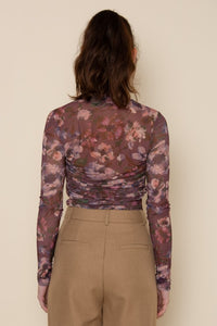 Burgundy Floral Shirring Mock Neck Bodysuit