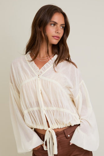 Cream LS Ruffle Detail Blouse