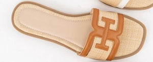 Cognac Raffia Slip On Sandal