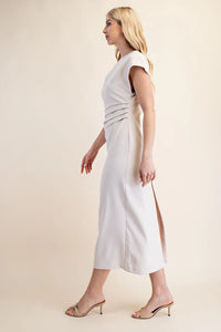 Cream Asymmetrical Waist Pleated Midi Dress