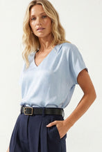 Load image into Gallery viewer, Blue Pleated Cap Slv Satin Blouse