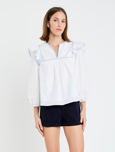 White/Powder Blue Contrast Embroidery Top