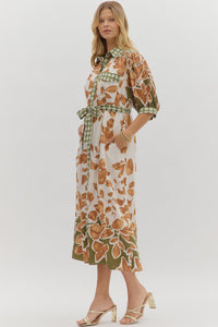Camel/Green Button Front SS Maxi Dress