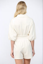 Load image into Gallery viewer, Scuba Soft Frnt Zip Smocked Waist Romper Ecru