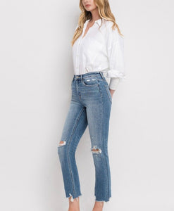 FM Denim HR Distressed Hem Slim Straight Jean