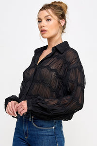 Black Sheer LS Textured Button Frnt Blouse